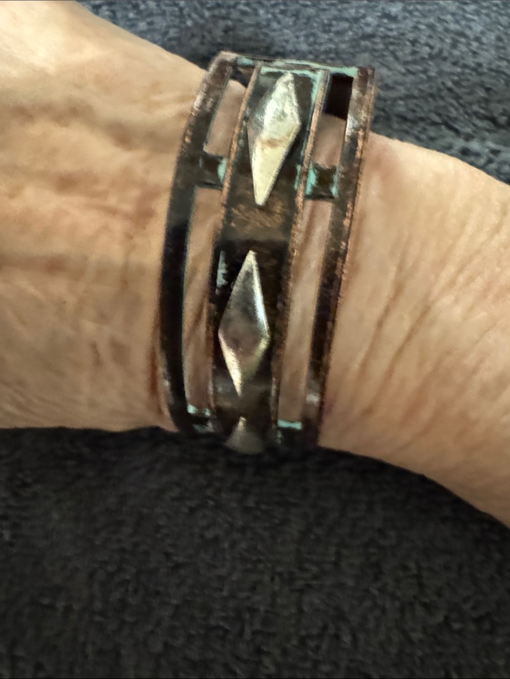 Handcrafted Copper and Silver Tone Cuff Bracelet - Rust Patina